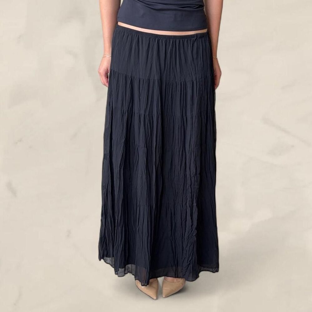 vintage black maxi crinkle pleated skirt tiered size XL